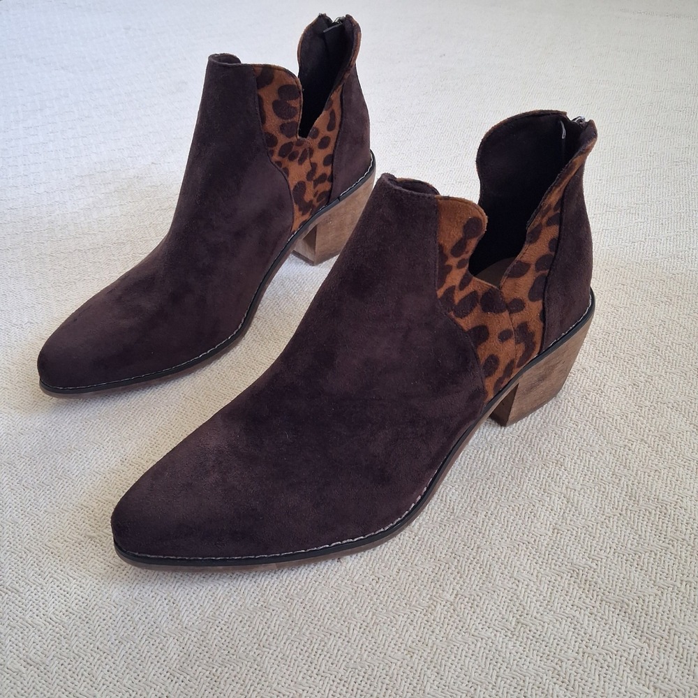 pierre dumas west leopard cutout booties 9 brown faux suede boho chic ankle fall